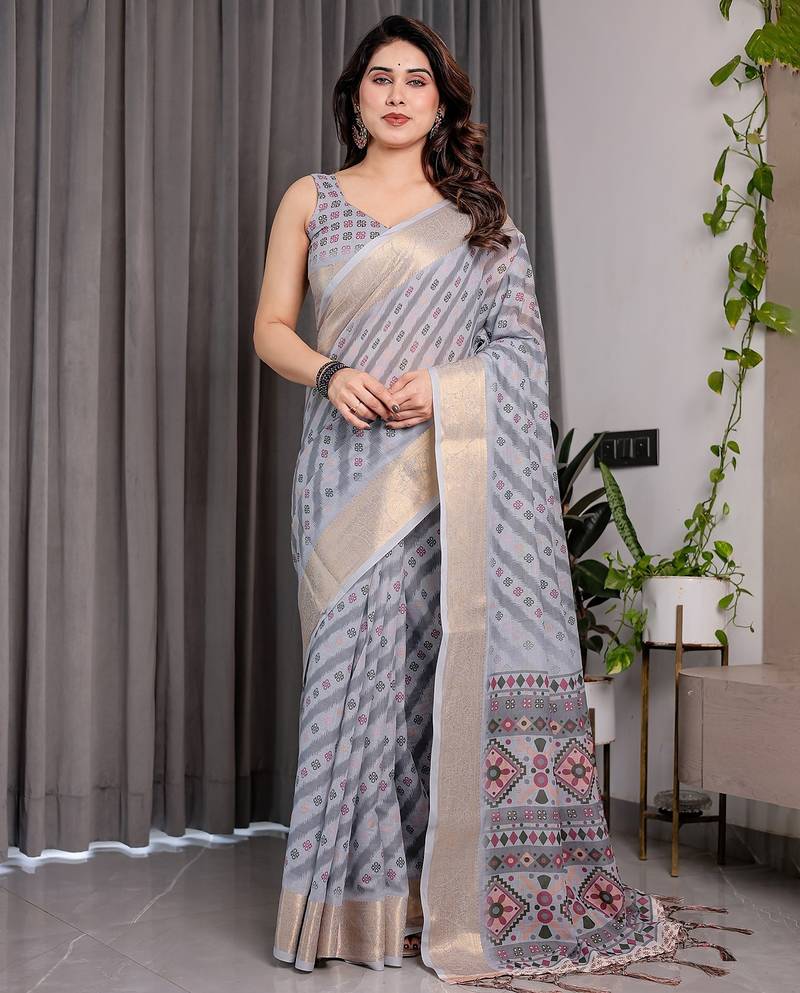 Ethnic handloom linen weaved with golden zari saree with colorful floral print and matching blouse
