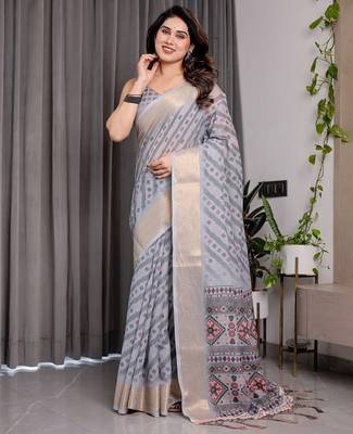 Ethnic handloom linen weaved with golden zari saree with colorful floral print and matching blouse 2