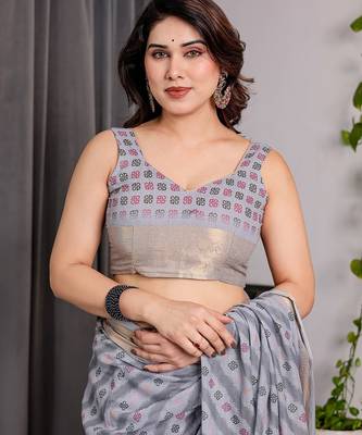 Ethnic handloom linen weaved with golden zari saree with colorful floral print and matching blouse 4