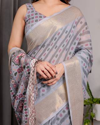 Ethnic handloom linen weaved with golden zari saree with colorful floral print and matching blouse 5