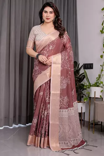 Linen weaved with golden zari linen weaved with golden zari blend handloom saree with floral motif and tassel border