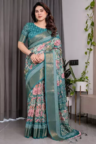 Women’s handloom linen weaved with golden zari saree – floral printed with attached blouse & tassels