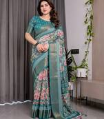 Women   s handloom linen weaved with golden zari saree     floral printed with attached blouse & tassels
