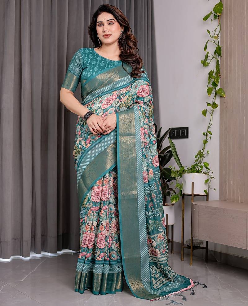 Women   s handloom linen weaved with golden zari saree     floral printed with attached blouse & tassels