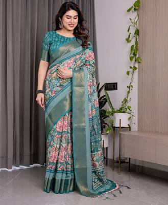 Women   s handloom linen weaved with golden zari saree     floral printed with attached blouse & tassels 2