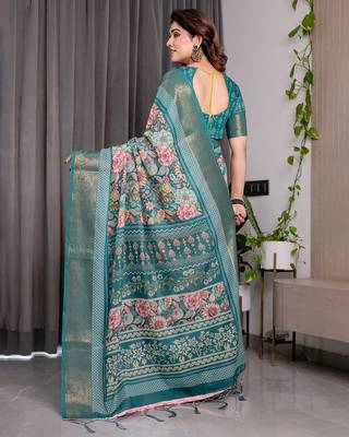 Women   s handloom linen weaved with golden zari saree     floral printed with attached blouse & tassels 3