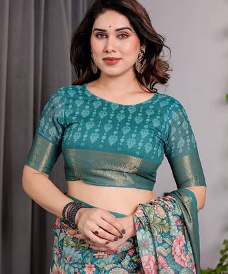 Women   s handloom linen weaved with golden zari saree     floral printed with attached blouse & tassels 4