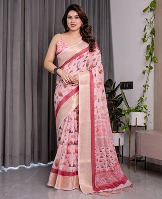 Premium floral print handloom linen weaved with golden zari saree with pallu tassels     5.5m 1