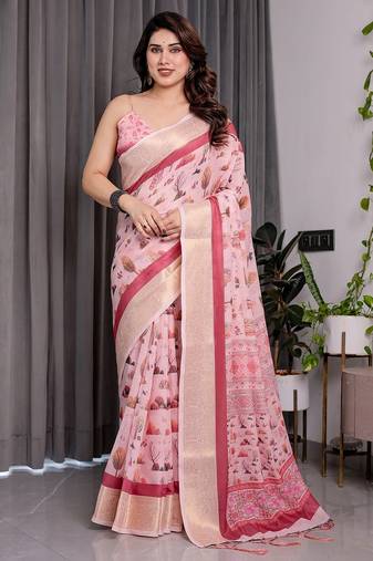 Premium floral print handloom linen weaved with golden zari saree with pallu tassels     5.5m