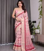 Premium floral print handloom linen weaved with golden zari saree with pallu tassels     5.5m