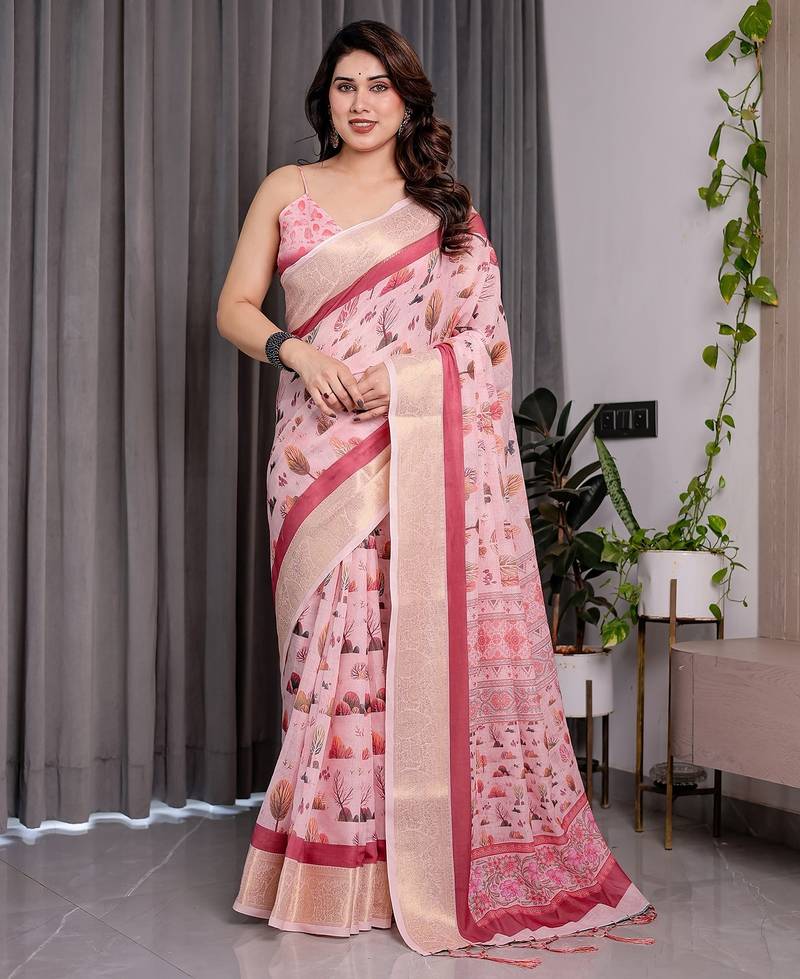 Premium floral print handloom linen weaved with golden zari saree with pallu tassels     5.5m