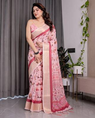 Premium floral print handloom linen weaved with golden zari saree with pallu tassels     5.5m 2