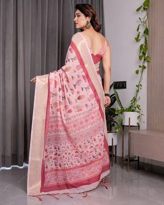 Premium floral print handloom linen weaved with golden zari saree with pallu tassels     5.5m 3