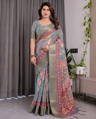 Printed handloom linen weaved with golden zari saree for women with floral design and tassels 1