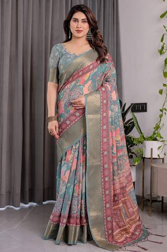 Printed handloom linen weaved with golden zari saree for women with floral design and tassels