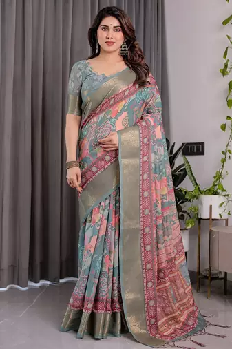 Printed handloom linen weaved with golden zari saree for women with floral design and tassels