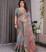 Printed handloom linen weaved with golden zari saree for women with floral design and tassels