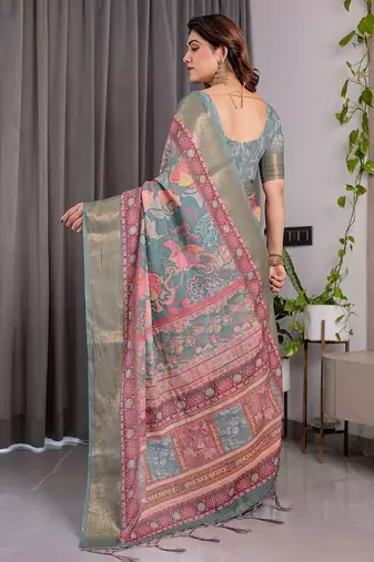 Printed handloom linen weaved with golden zari saree for women with floral design and tassels