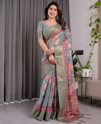 Printed handloom linen weaved with golden zari saree for women with floral design and tassels 3