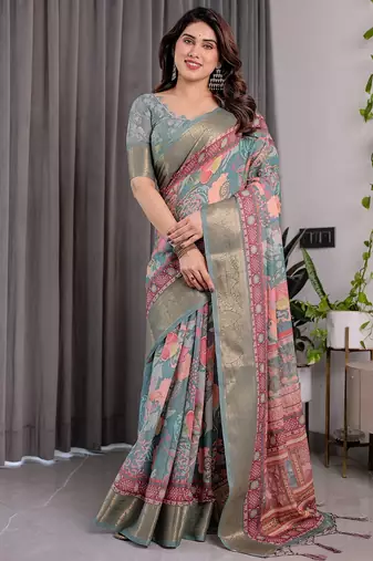 Printed handloom linen weaved with golden zari saree for women with floral design and tassels