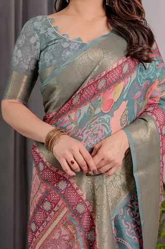 Printed handloom linen weaved with golden zari saree for women with floral design and tassels