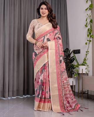 Everyday elegance handloom linen weaved with golden zari floral saree with blouse piece     5.5m 1
