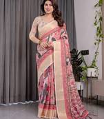 Everyday elegance handloom linen weaved with golden zari floral saree with blouse piece     5.5m