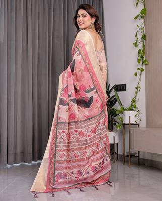 Everyday elegance handloom linen weaved with golden zari floral saree with blouse piece     5.5m 3