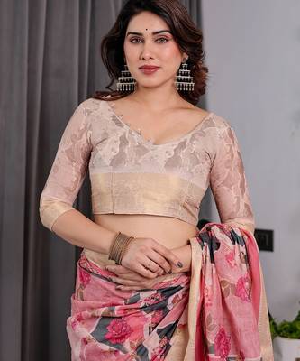 Everyday elegance handloom linen weaved with golden zari floral saree with blouse piece     5.5m 4