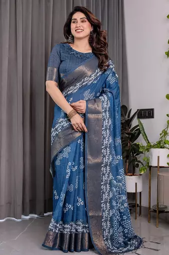 Soft handloom linen weaved with golden zari saree with multicolor floral print and tassel edges