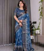 Soft handloom linen weaved with golden zari saree with multicolor floral print and tassel edges