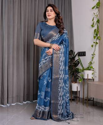 Soft handloom linen weaved with golden zari saree with multicolor floral print and tassel edges 2