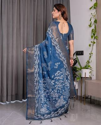 Soft handloom linen weaved with golden zari saree with multicolor floral print and tassel edges 3