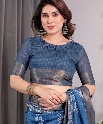Soft handloom linen weaved with golden zari saree with multicolor floral print and tassel edges 4