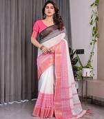 Stylish linen weaved with golden zari handloom saree with floral digital print and tassels     5.5m + 0.8m