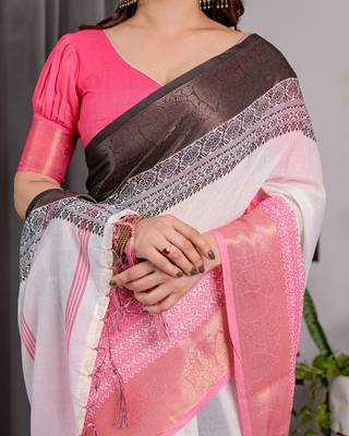 Stylish linen weaved with golden zari handloom saree with floral digital print and tassels     5.5m + 0.8m 5