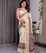 Festive ready handloom linen weaved with golden zari saree with floral artwork & matching blouse