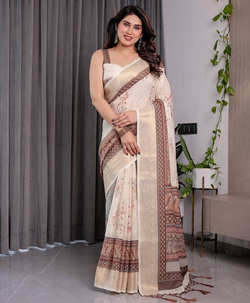 Festive ready handloom linen weaved with golden zari saree with floral artwork & matching blouse