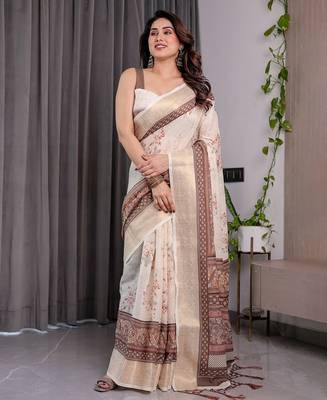 Festive ready handloom linen weaved with golden zari saree with floral artwork & matching blouse 2