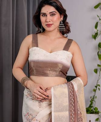 Festive ready handloom linen weaved with golden zari saree with floral artwork & matching blouse 4