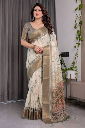 Handloom linen weaved with golden zari floral printed saree with tassels & attached blouse     5.5m