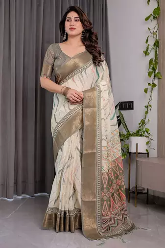 Handloom linen weaved with golden zari floral printed saree with tassels & attached blouse – 5.5m