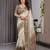 Handloom linen weaved with golden zari floral printed saree with tassels & attached blouse     5.5m