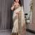 Handloom linen weaved with golden zari floral printed saree with tassels & attached blouse     5.5m