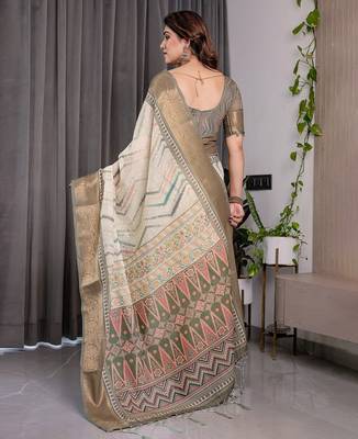 Handloom linen weaved with golden zari floral printed saree with tassels & attached blouse     5.5m 5