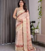 Elegant handloom linen weaved with golden zari saree with floral print & tassel edges     5.5m + 0.8m blouse