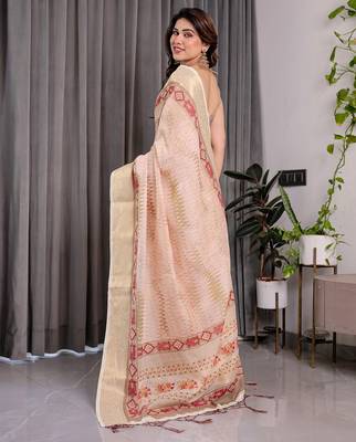 Elegant handloom linen weaved with golden zari saree with floral print & tassel edges     5.5m + 0.8m blouse 3