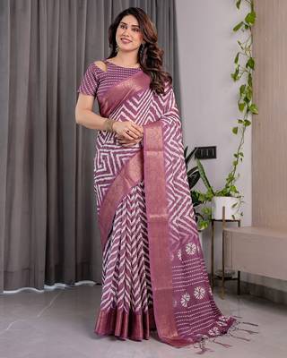 Pure linen weaved with golden zari handloom saree with floral print and designer tassels 1