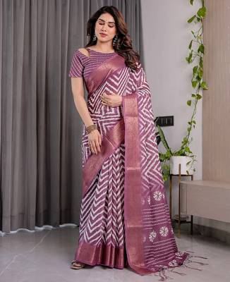 Pure linen weaved with golden zari handloom saree with floral print and designer tassels 5