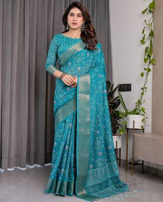 Floral printed linen weaved with golden zari saree in handloom weave with blouse piece     5.5m 1